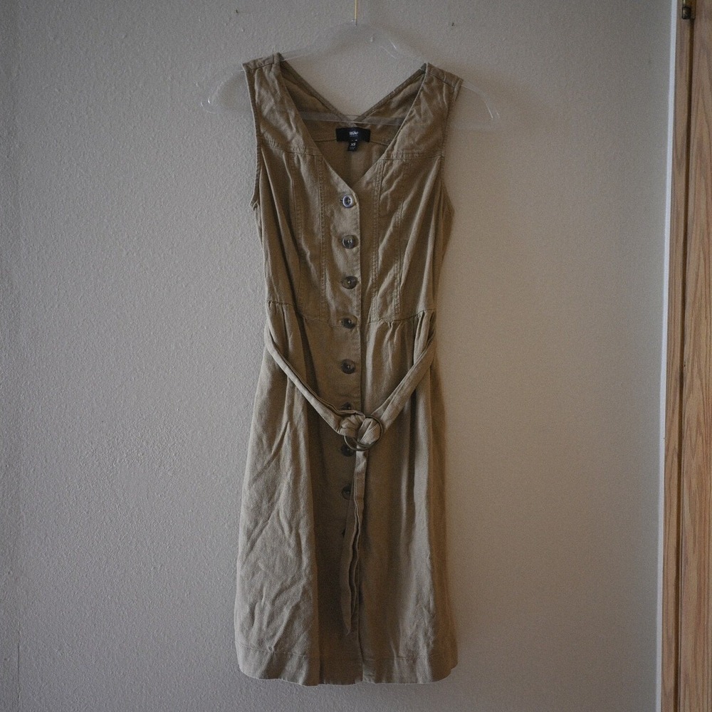 Mossimo Womens XS Khaki Tan Linen Blend Sleeveless Button Front Belted Dress